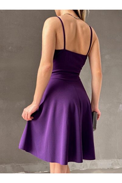 Modafeminen Krep Kumaş Ince Askılı Kloş Elbise 581746 Mor