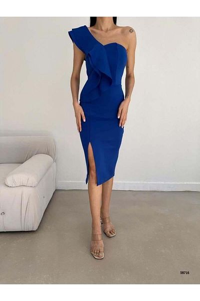 Modafeminen Rochie din țesătură de scuba cu volantă și detaliu de fante 58716 Saks