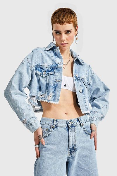 its basic Jachetă crop detaliată ruptă de culoare denim de zăpadă pentru femei