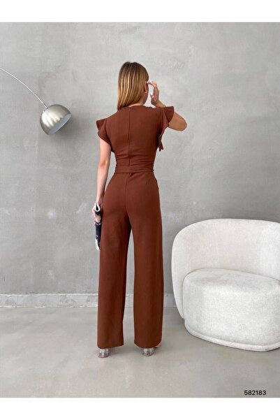Modafeminen Trend Jumpsuit με βολάν μανίκια Στρογγυλή λαιμόκοψη Ζώνη με τσέπες 582183 Καφέ