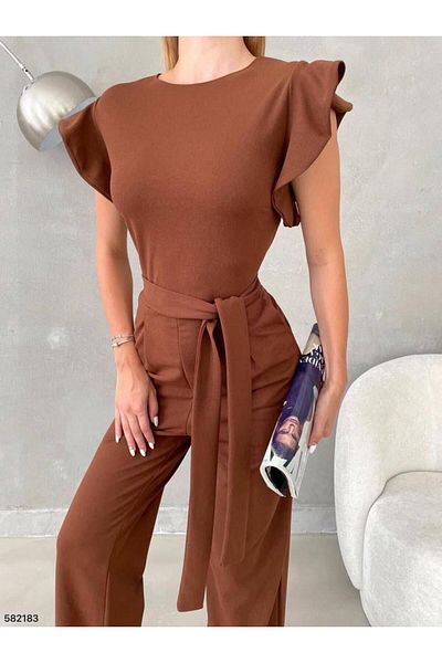 Modafeminen Trend Jumpsuit με βολάν μανίκια Στρογγυλή λαιμόκοψη Ζώνη με τσέπες 582183 Καφέ