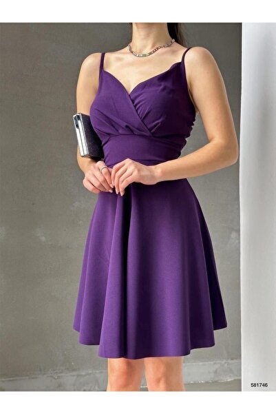 Modafeminen Krep Kumaş Ince Askılı Kloş Elbise 581746 Mor