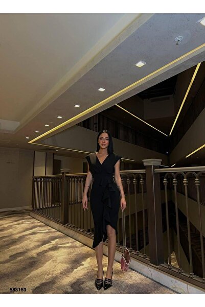 Modafeminen Kadın Esnek Krep Kumaş Kruvaze Yaka Volanlı Tasarım Abiye Elbise 583160 Siyah