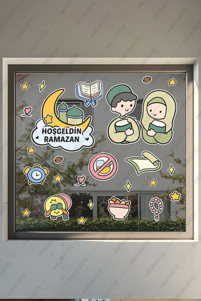 MIGNATIS Welcome Ramadan Cute Kids - Ramadan Bear Themed Sticker Set Glass Wall Ornaments Children's Room