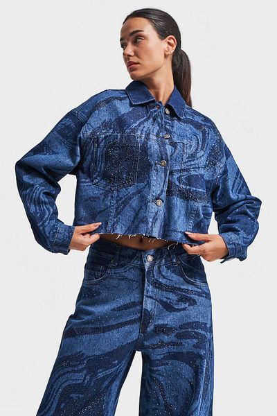 its basic Γυναικείο τζιν μπουφάν Blue Shiny Stone Detailed Crop Fit