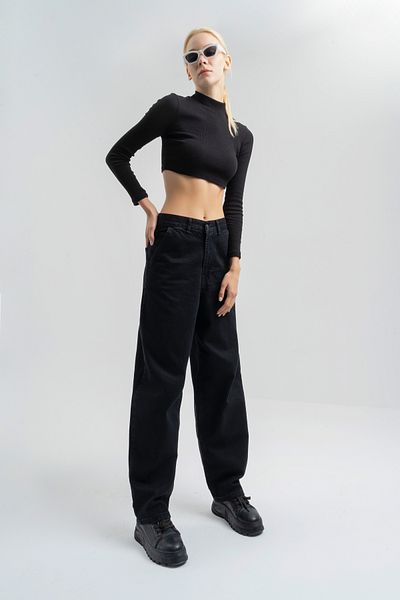 its basic Women's Black Black Od Color Juniper Skater Fit Loose Cut Denim Trousers