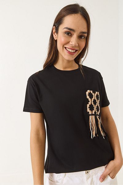 Bianco Lucci Women's Crochet Embroidered Pocket Detailed T-Shirt 60602027
