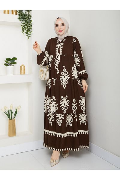 TOKARİS TEKSTİL Țesătură din viscoză rochie hijab maro cu model etnic