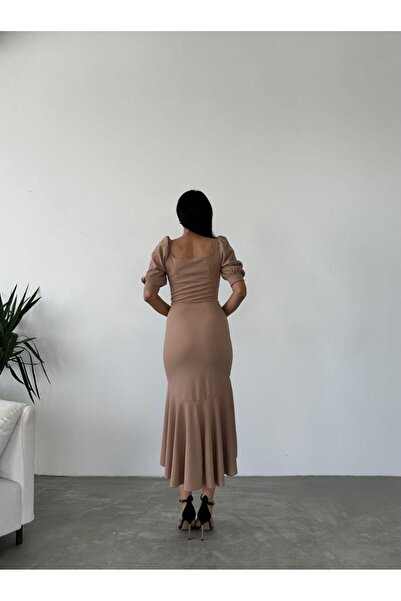 Modafeminen Kare Yaka Eteği Fırfır Detay Midi Boy Abiye 582788 Vizon