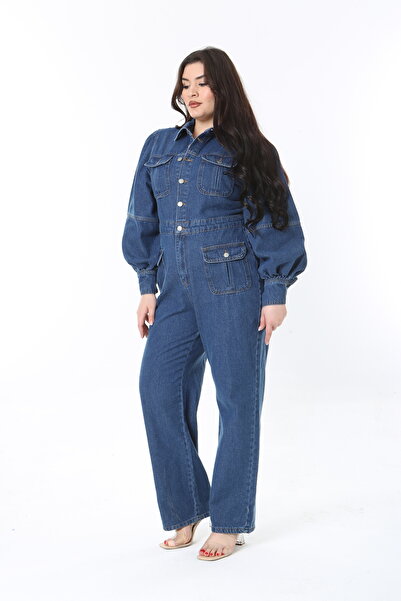 Şans Women's Large Size Navy Blue Bellows Pocket Sleeves Drawstring Detailed Denim Jumpsuit 65N38883