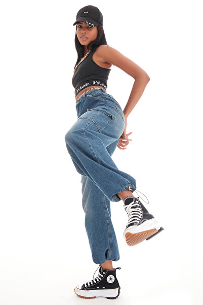 its basic Women's Tint Denim Color Cargo Pocket Leg Elastic Jogger Fit Denim