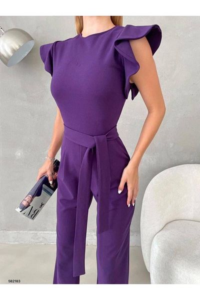 Modafeminen Flounces Sleeve Round Neck Belted Pocket Trend Jumpsuit 582183 Purple