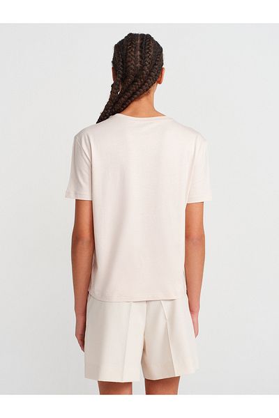 Dilvin 31791 Crew Neck T-Shirt-Light Beige
