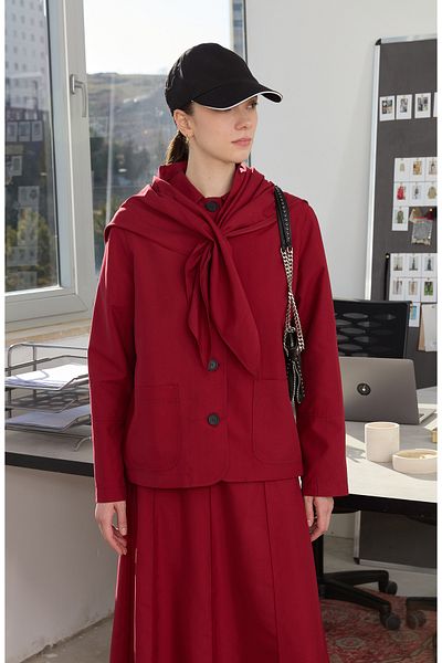 Fatma Atasoy Burgundy Short Trench Jacket with Triangle Scarf