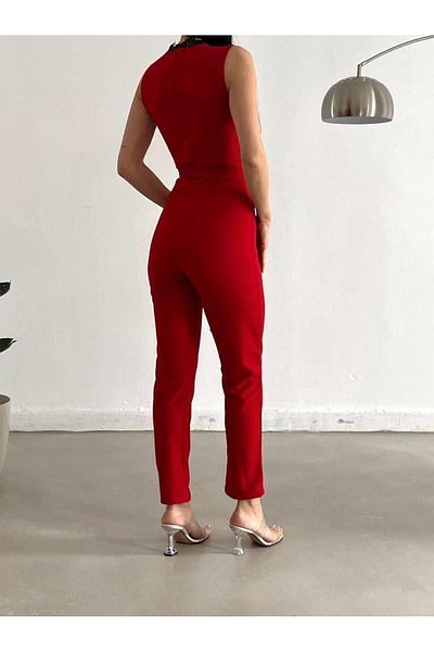 Modafeminen Lace Collar Crepe Fabric Jumpsuit 582083 Red