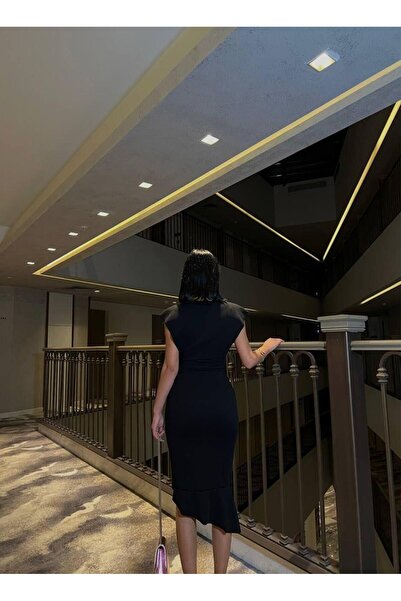 Modafeminen Kadın Esnek Krep Kumaş Kruvaze Yaka Volanlı Tasarım Abiye Elbise 583160 Siyah