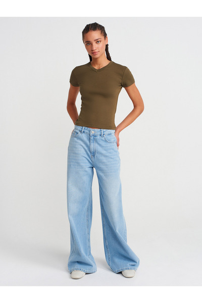 Dilvin 31673 V-Neck T-Shirt-Khaki