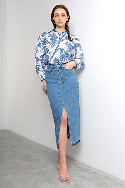 its basic Kadın Mavi Renk Derin Yırtmaçlı Yüksek Bel Uzun Denim Etek