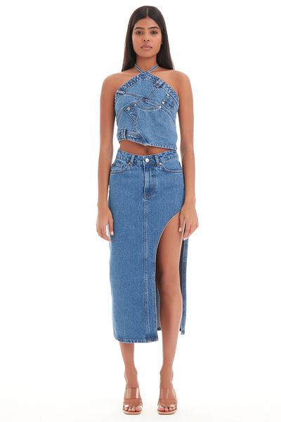 its basic Fusta lungă de denim de culoare albastră pentru femei, cu detaliu cu fantă adâncă pe lateral