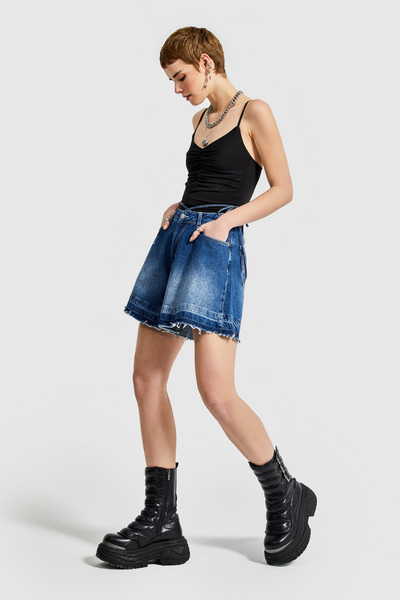 its basic Kadın Mavi Renk İp detaylı Bol Kesim Denim Şort