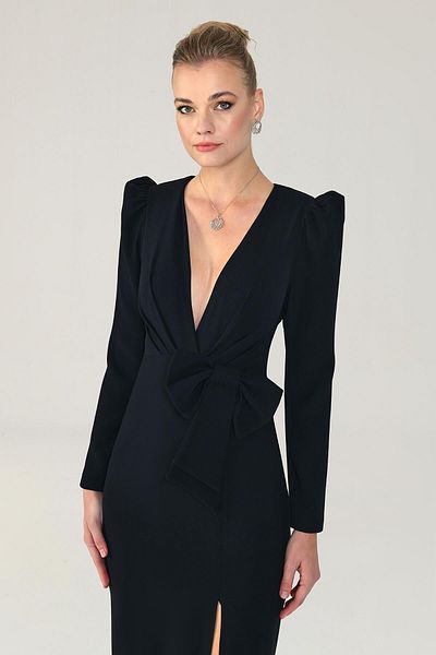 ALFABETA V Neck Long Sleeve Slit Long Evening Dress