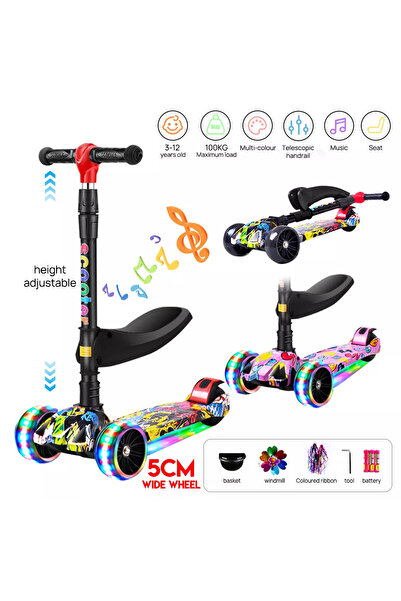 Yelajoy 3 in 1 Foldable Kids Scooter, With 3 LED Music Light Wheels, Adjustble Height, for Children 3+