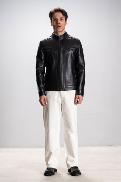 Dericlub Albert Erkek Hakim Yaka Slim Fit Gerçek Deri Mont Siyah