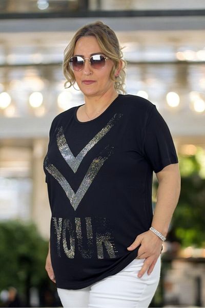 yagmurberen Pul Sequin Printed Large Size Crew Neck Bluz
