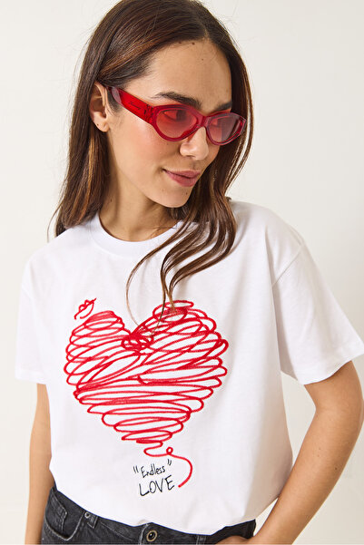 Bianco Lucci Γυναικείο βαμβακερό κοντομάνικο μπλουζάκι με λαιμόκοψη με καρδιά κεντημένο 60602028