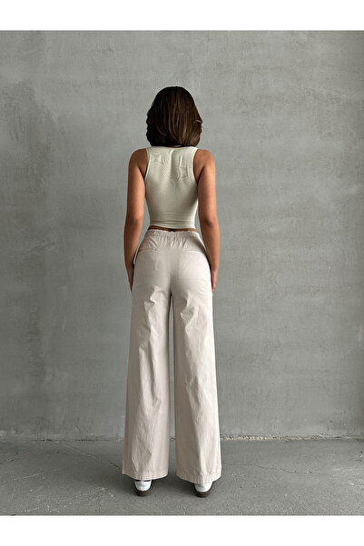 Miss Prova Cream Color Wide Leg High Waist Parachute Linen Trousers Misspa551