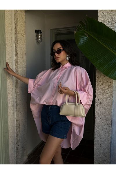 minaaise Rochie cămașă oversize, 100% bumbac, roz, design special, 29064