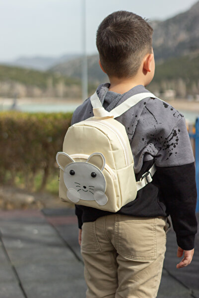 KAFF Παιδική μίνι τσάντα νηπιαγωγείου με μπεζ σχέδιο γάτας 1-4 ετών με 2 θήκες