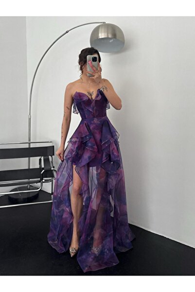 Serica Moda Mor Fırfır Detaylı Straplez Şifon Tül Mor Abiye Elbise