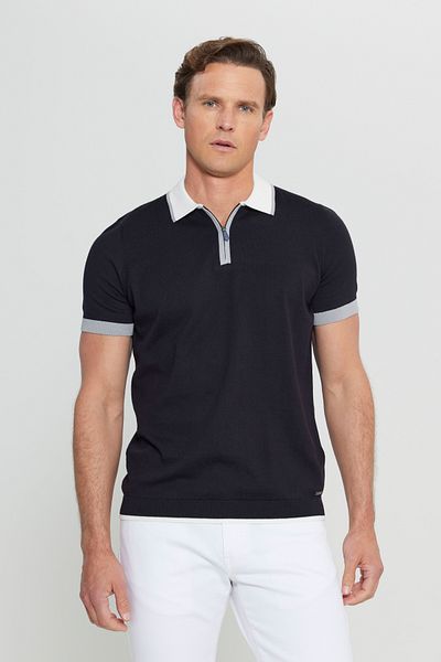 ALTINYILDIZ CLASSICS Men's Black 100% Cotton Standard Fit Regular Fit Polo Neck Knitwear T-Shirt
