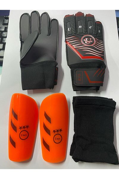 unes 5 No Blue Striped Football Goalkeeper Gloves and Shin Pads Set of 3 (with Pump Gift)