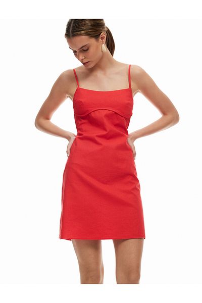 Koton Slim Fit Linen Dress with Thin Straps and Back Tie Detail