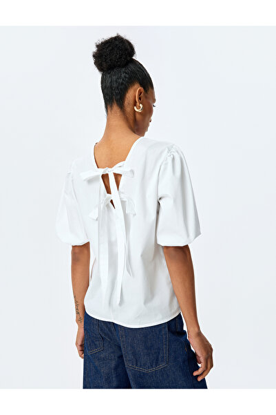 Koton Bow Detailed Poplin Cotton Crew Neck Balloon Sleeve Oversize Blouse