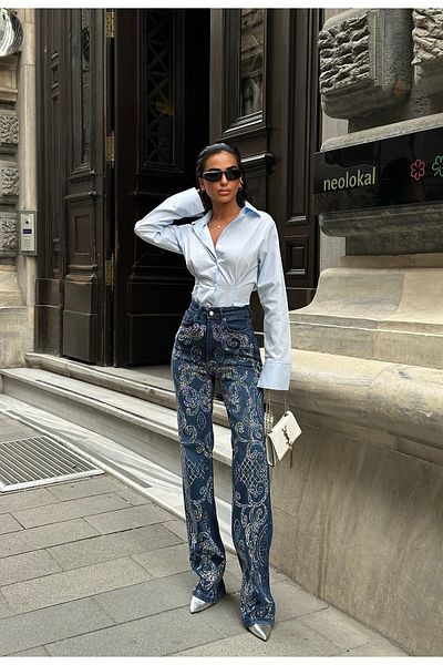 Diviny Women's Ethnic Lace Shiny Stone Patterned High Waist Palazzo Blue Jean