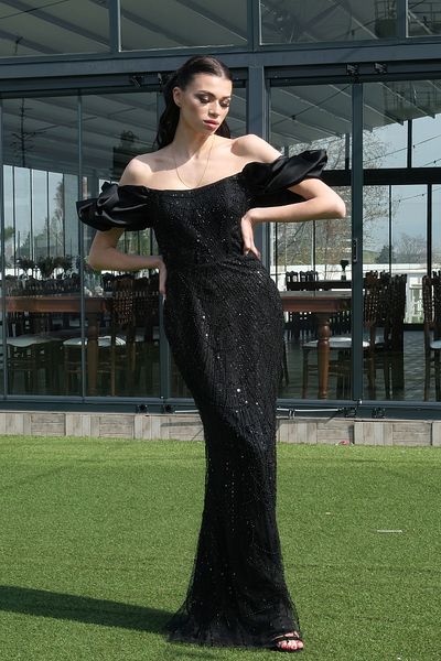 Feminist Balloon Sleeve Evening Dress with Stone Beads Embroidered Black 9705417