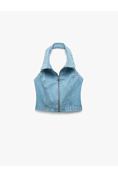 Koton Pamuklu Slim Fit Fermuarlı Denim Kolsuz Crop Üst