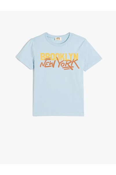 Koton Tricou pentru băiat albastru din bumbac imprimat City 5skb10155tk