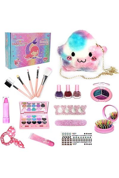 COOYA 19 Pcs Girls Makeup Kit, Princess Dress up Makeup Set with Cute Cosmetic Makeup Bag, Easy to Remove