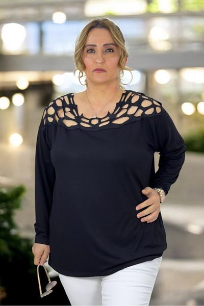 yagmurberen Lace up Shoulder Detail Long Sleeve Large Size Crew Neck Bluz