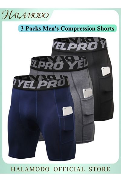 HALAMODO 3 Packs Men's Compression Shorts with Pockets Spandex Sport Shorts Athletic Workout
