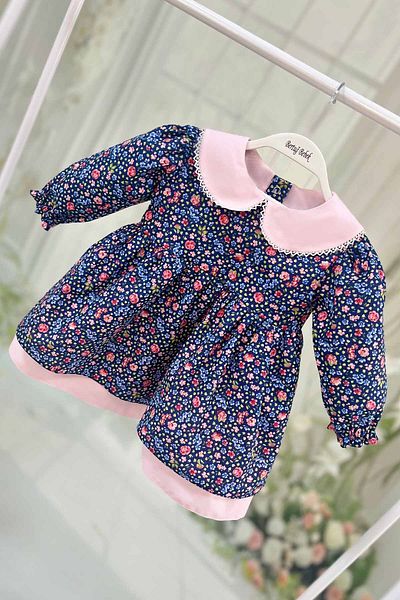 Bertuğ Bebek Rochie din bumbac, albastru, roz, cu guler pentru bebelusi, pentru fetita cu flori