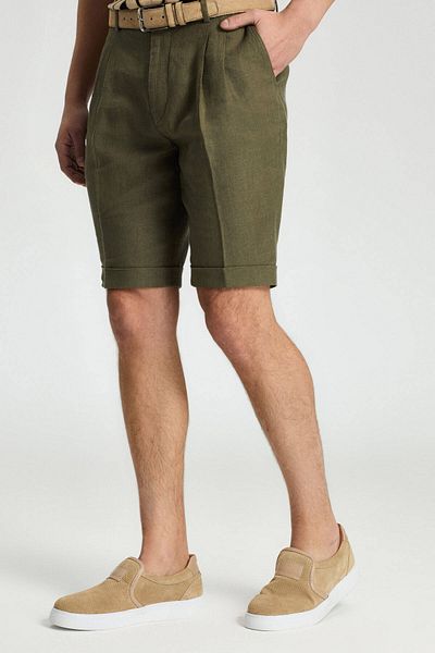 Hemington Pure Linen Khaki Pleated Shorts