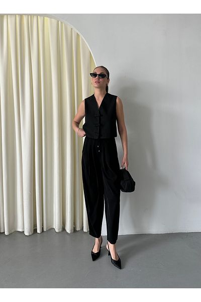 Laluvia Black Elastic Waist Pleated Trousers - 51111