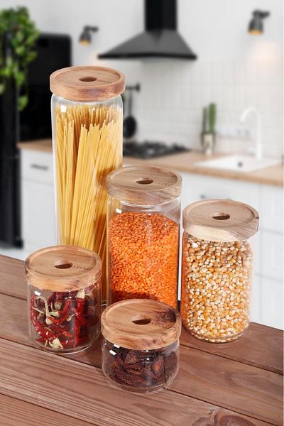HOMENIVA Set of 5 Acacia Vacuum Lid Borosilicate Glass Jars