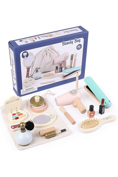 COOYA Toddler Makeup Play Set, Wooden Make Up Set Toy for Girls, with Cosmetics Case and Storage Bag