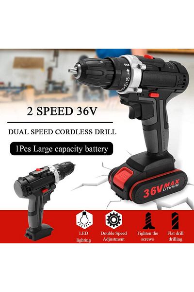 Lumely 36V Electric Wireless Impact Drill Set, With Double Speed Control, 1300mAh, For home, Black